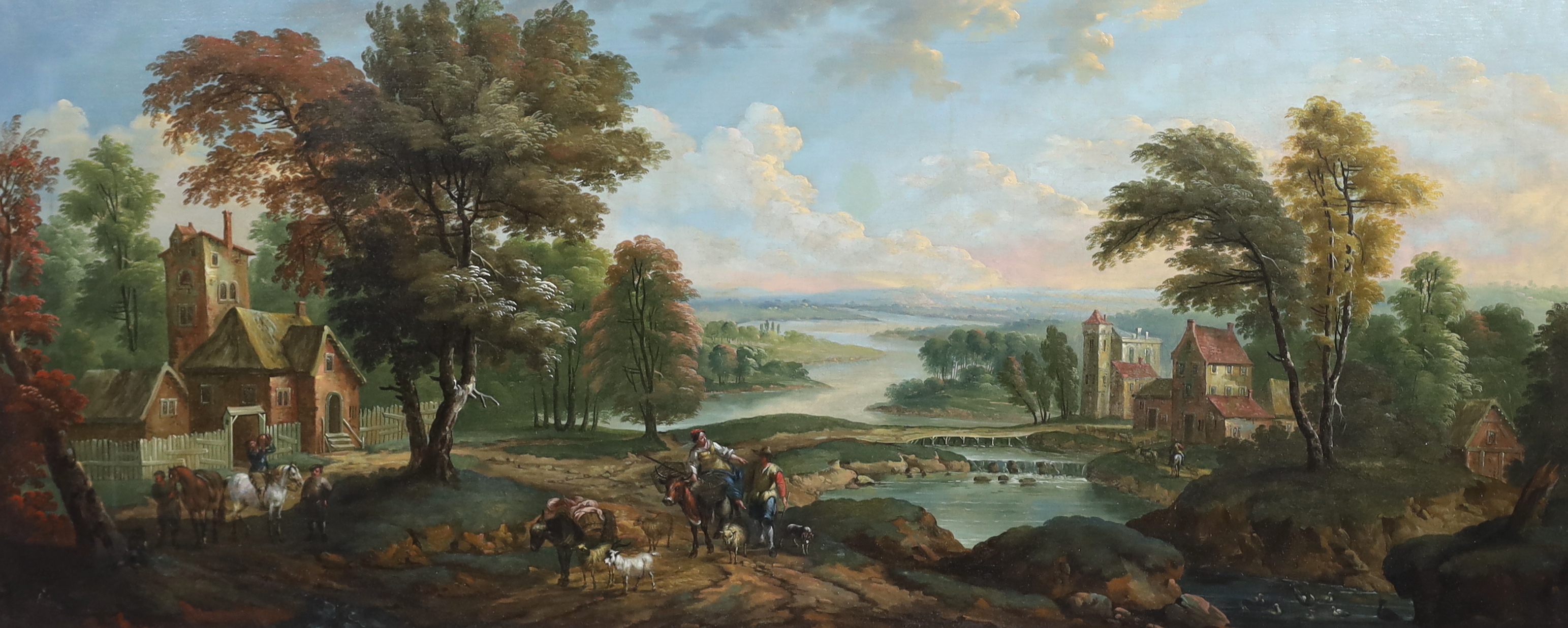 Flemish School , Extensive pastoral landscape with figures on their way to market, oil on canvas, 63 x 147cm